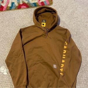 Carhartt Brown Pullover Hoodie with Yellow Sleeve Logo